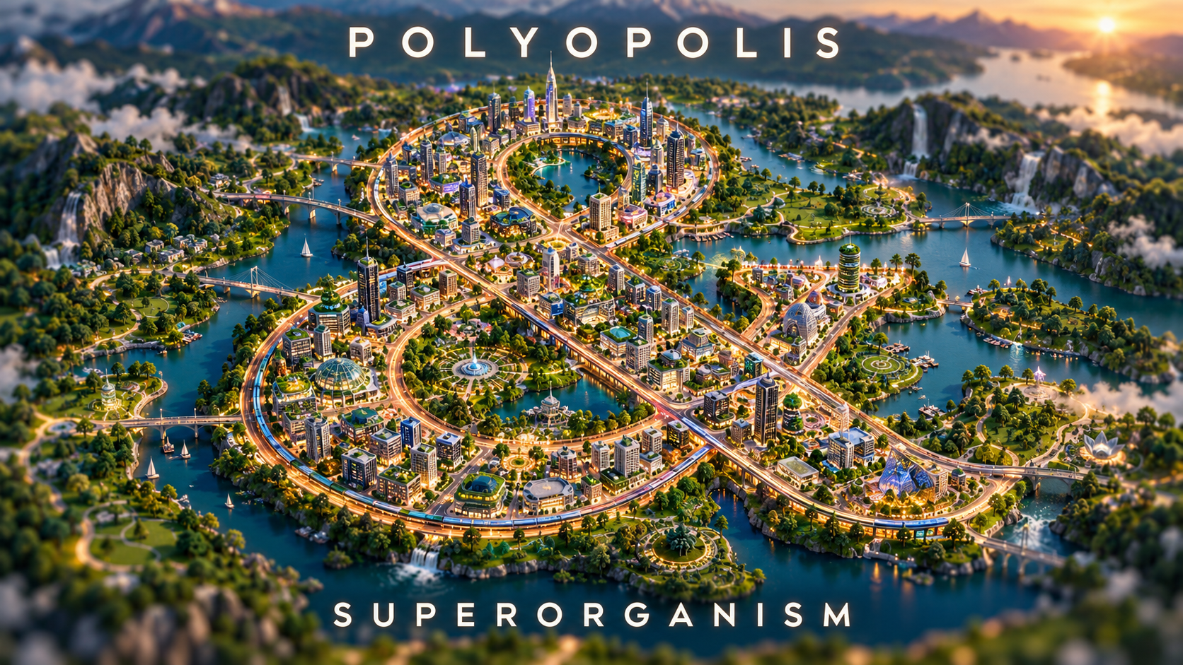 A miniature futuristic city shaped like an ampersand, with surrounding parks and the titles Polyopolis and Superorganism